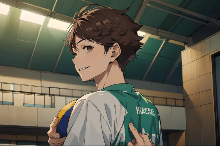 1man, oikawa tooru, perfect face, cute, upper body, volleyball, volleyball court, cinematic lighting, smiling