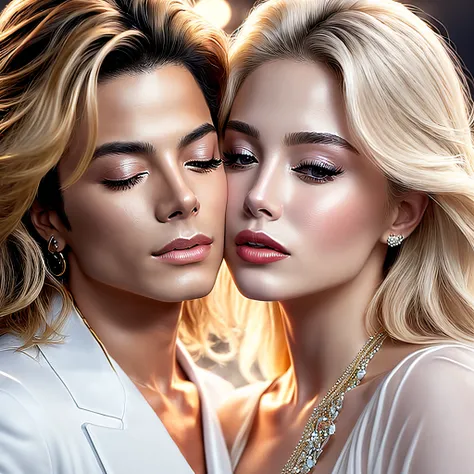 Michael Jackson whit white skin, with a completely perfect, beautiful face, kissing a beautiful woman with blonde hair, cinematic realistic style, UHD quality