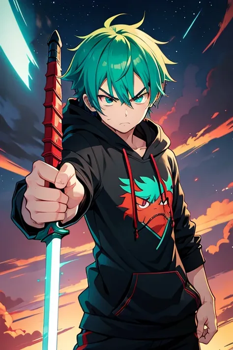 anime boy, with turquoise hair, red and green eye, angry face, black hoodie, trigger anime artstyle, an epic anime of a small strong man, best quality, 8k, fanart, fighting stance energy, flying from fired planet, sword in right hand