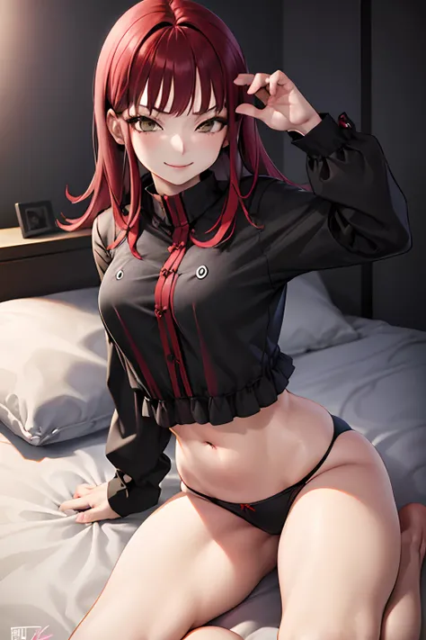 masutepiece, Best Quality, absurderes, Perfect Anatomy, 1girl in, Solo, Yoko Katori, Long hair、((Black underwear)), ((bedroom))、((A smile))、(A sexy)