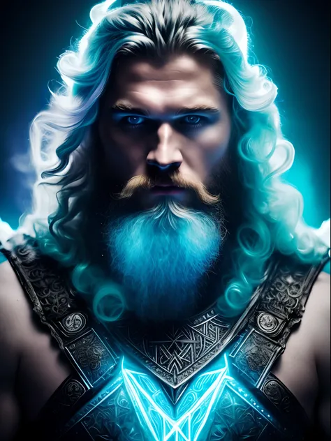 Neon fractal holographic astralism of a heavenly handsome Viking Warrior, strong man, chroma shifted icy blue to ghostly white, ethereal, mystical and intense