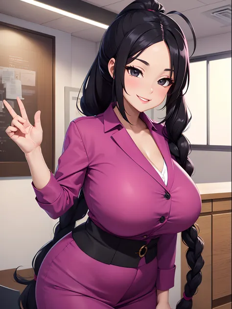 1 beautiful woman,fuchsia office lady,huge busty,wariza,smiling,long hair,big braid ponytail,ahoge,black hair,black eyes,from front,indoors,masterpiece, extremely fine and beautiful