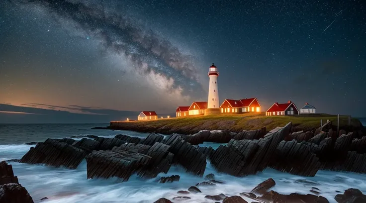 (best quality, master piece: 1.1), (Fidelity: 1.4), 1 old red and white lighthouse on a deserted beach at night, coast of Norway, very dark sky and no Moon, a magnificent comet with long tail shining in the sky, wreckage of a shipwreck on the coast, 4k, hi...