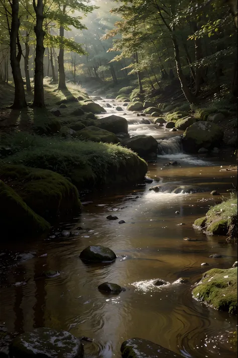 oil painting. realistic environment, A bit dark and tense. A natural stone path and a small stream flows through large rocks into a large puddle in front of us. Into the clearing. Deaf, Woodland. many details. Strong sunlight. light mist.