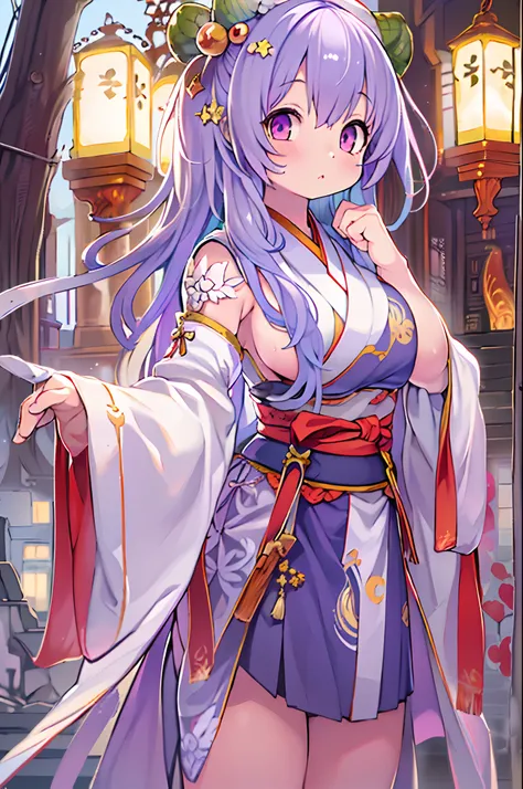 (Best Quality:1.4), hight resolution, masutepiece,, 1girl in,, Light purple hair, Purple eyes, (Kemomimi), huge-breasted, bare slim thighs,, Hair Ornament, (Red|White Japan priestess uniform), Detached sleeves,, blush,, lantern, shrines,, Detailed face,