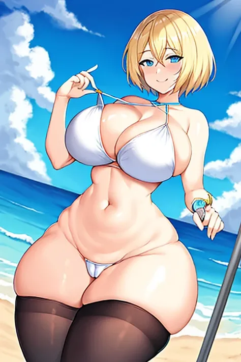 Anime style, large breasts, breasts, wide hips, thick thighs, hourglass figure, blonde hair, very short hair, shirt lift, white sujet, blue eyes, orange bikini, smile, smug, oervert, cameltoe, beach