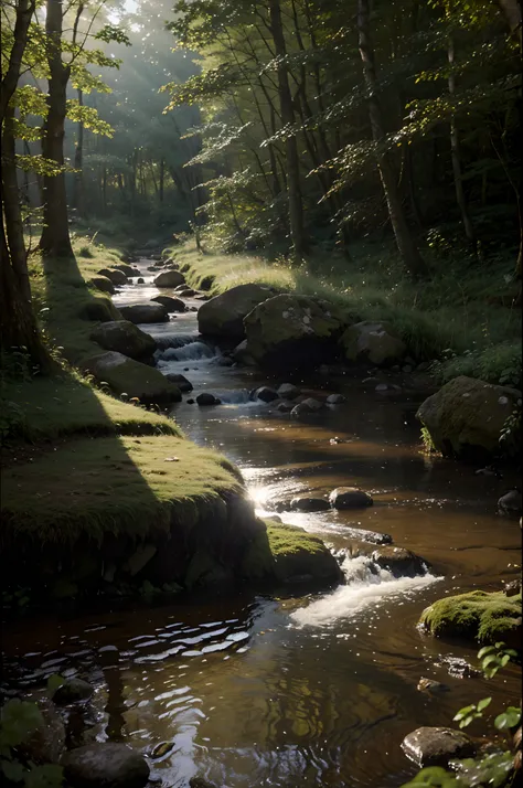 oil painting. realistic environment, A bit dark and tense. A natural stone path and a small stream flows through large rocks into a large puddle in front of us. Into the clearing. Deaf, Woodland. many details. Strong sunlight. light mist.