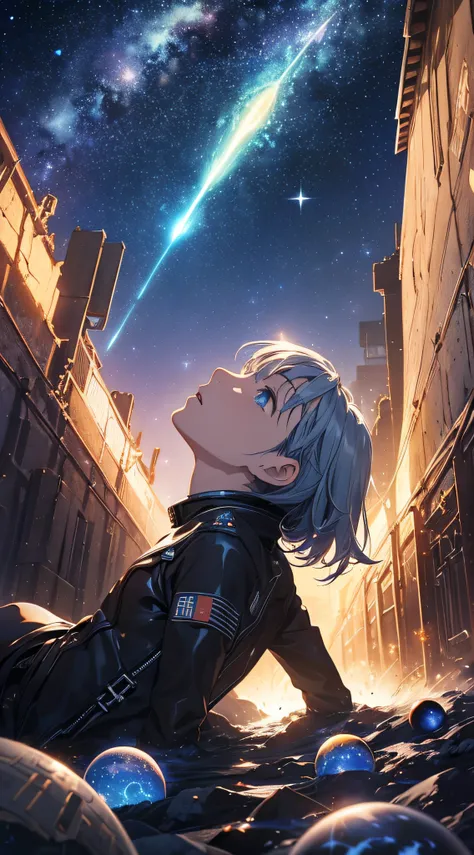 ​masterpiece、Background with((Fantastic starry sky、meteors、black hole))、Depth((planetes、Luminescent))、Looking up