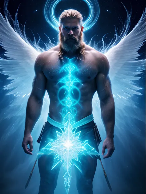 Neon fractal holographic astralism of a heavenly handsome Viking Warrior, strong man, chroma shifted icy blue to ghostly white, ethereal, mystical and intense