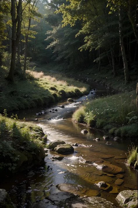 oil painting. realistic environment, A bit dark and tense. A natural stone path and a small stream flows through large rocks into a large puddle in front of us. Into the clearing. Deaf, Woodland. many details. Strong sunlight. light mist.