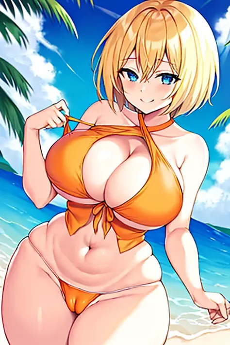 Anime style, large breasts, breasts, wide hips, thick thighs, hourglass figure, blonde hair, very short hair, shirt lift, white sujet, blue eyes, orange bikini, smile, smug, pervert, cameltoe, beach, orange swimsuit, bikini