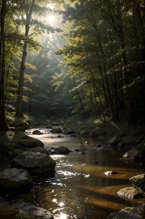 oil painting. realistic environment, A bit dark and tense. A natural stone path and a small stream flows through large rocks into a large puddle in front of us. Into the clearing. Deaf, Woodland. many details. Strong sunlight. light mist.