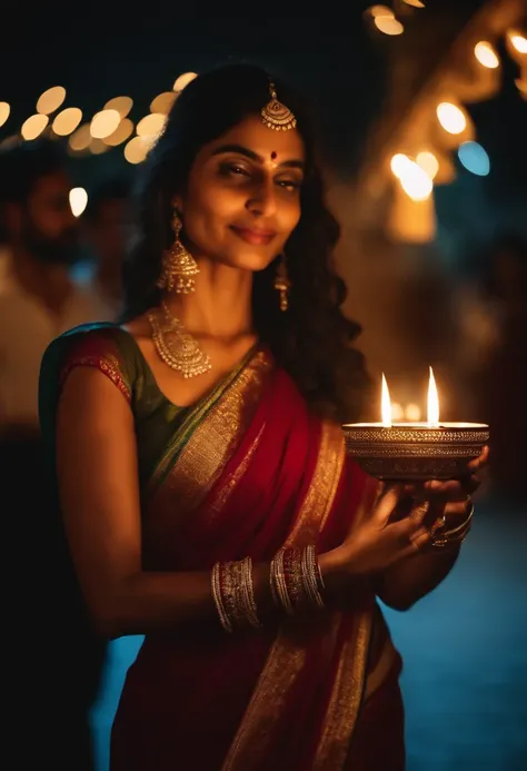 Visualize a young foreign woman, wearing traditional dress in saree , without face . holding diwali light in hand