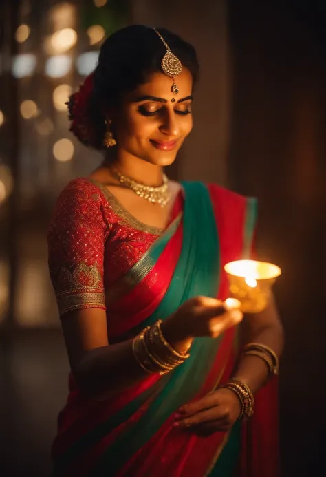 Visualize a young middle east woman, wearing traditional dress in saree , without face . holding diwali light in hand