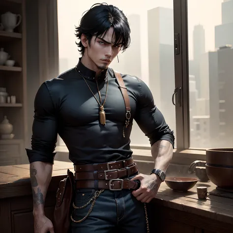 8k, masterpiece, best quality, realistic, higly detailed, cowboy shot, 1boy, solo, Fuutarou, young man, fair skin, black hair, bowl cut, two strands sticking up from the back of his head, bangs that cover his forehead, blue eyes, slim physique, tall build,...