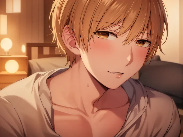 masutepiece, Best Quality, High quality, 1boy, Solo, Male Focus, Looking at Viewer, Upper body, wheat_Awaya, Brown eyes, Blonde hair, , pajamas