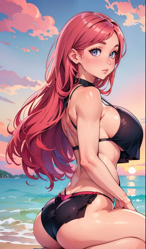 picture of a beautiful young red haired woman in a black bikini sitting on a beach, beautiful portrait, Sunrise, pink sky, blue sea, marin kitagawa fanart, seductive girl, thicc, she has a jiggly fat butt, large heavy breasts, cutesexyrobutts, beautiful al...