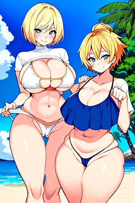 Anime style, anime screencap large breasts, breasts, wide hips, thick thighs, hourglass figure, blonde hair, very short hair, shirt lift, white sujet, blue eyes, orange bikini, smile, smug, pervert, cameltoe, beach, bikini, clothes lift