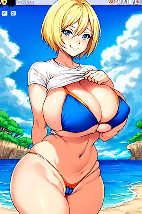 Anime style, anime screencap large breasts, breasts, wide hips, thick thighs, hourglass figure, blonde hair, very short hair, shirt lift, white sujet, blue eyes, orange bikini, smile, smug, pervert, cameltoe, beach, bikini, clothes lift