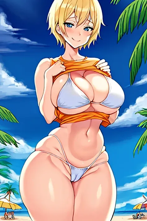 Anime style, anime screencap large breasts, breasts, wide hips, thick thighs, hourglass figure, blonde hair, very short hair, shirt lift, white sujet, blue eyes, orange bikini, smile, smug, pervert, cameltoe, beach, bikini, clothes lift