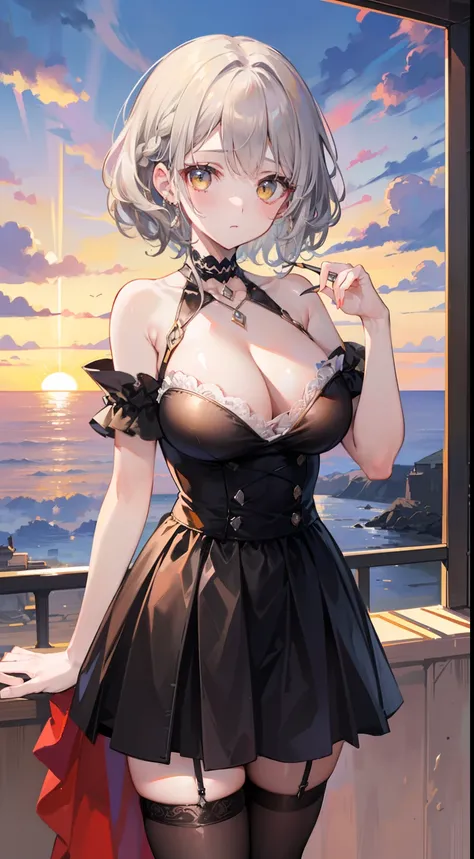 (top-quality、​masterpiece、high-level image quality、Super delicate)、((a beauty girl))、(smooth dull gray hair)、(curly short hair、Long bangs)、(Braided hair)Yellow eyes like a brilliant sunset、Black Choker、Moderately large breasts、((Super obscene adventurer-st...