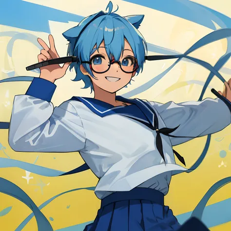 Blue hair, Twin-tailed, eye glasses、Boys School Uniform、grin