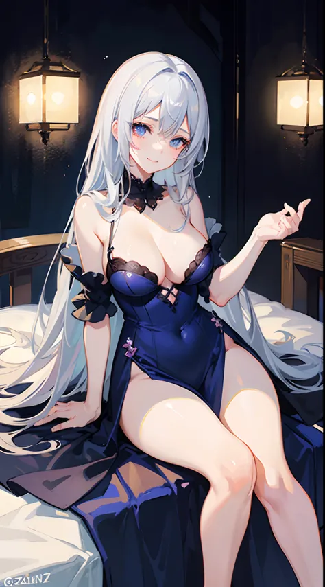 girl in a blue revealing nightgown,white hair, sly seductive smile, sitting on bed, seductive pose, detailed digital anime art, extremely detailed artgerm, beautiful anime girl, guweiz on artstation pixiv, guweiz on pixiv artstation, Top Quality, 8K, 4K, H...