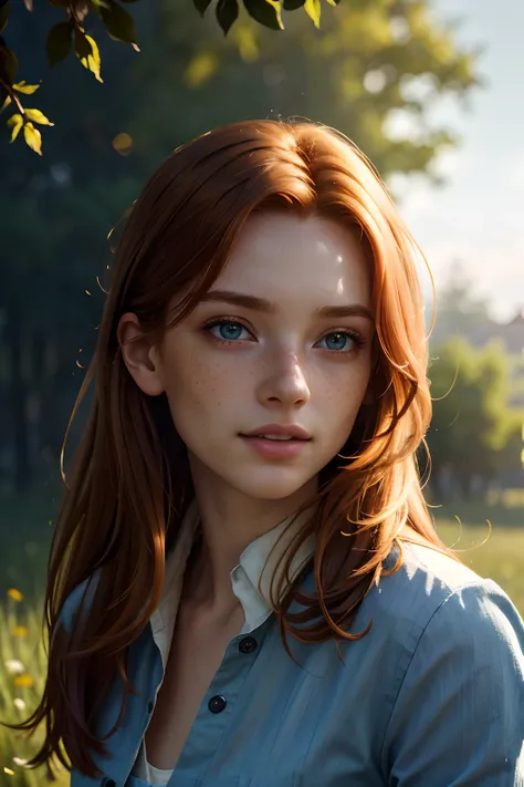 masterpiece, best quality, (colorful), cinematic lighting, extremely detailed CG unity 8k wallpaper, beautiful detailed face, an extremely delicate and beautiful, (dynamic angle:1.1),outdoors, ginger hair, photo of skinny 20yo girl, freckles, happy, soft, ...