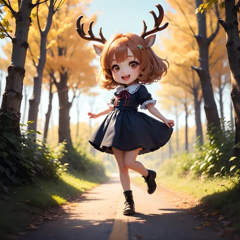 ​masterpiece、top-quality、ultra-detailliert、(Chibi Charas Female Deer Ear Girl:1.2)、Brown bob swaying in the wind、Blu-ray、Jumping Kick、full body Esbian、Open your mouth and smile、Fairytale Autumn Forest