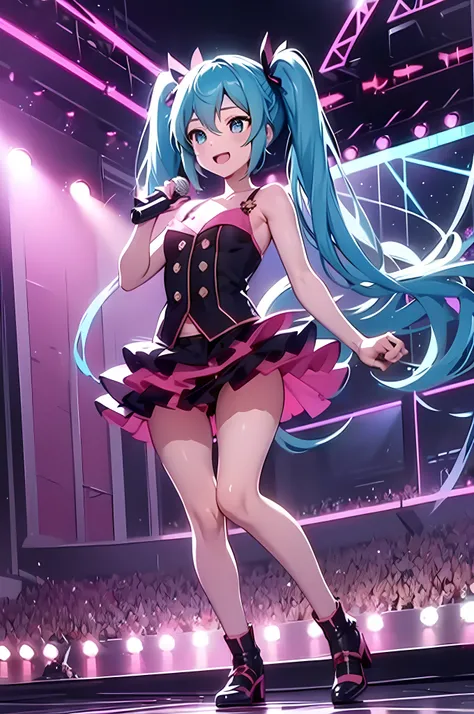 (Best Quality, vibrant lights), Miku sings into the microphone on stage with passionate fans. She is dressed in a beautiful dress, which emphasizes its elegance. The stage is lit up with bright lights, Creating a lively and energetic atmosphere. The stage ...