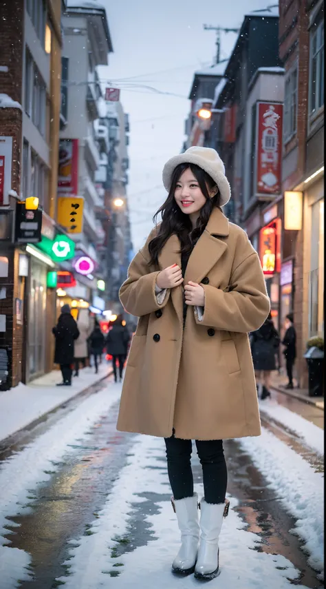 Araffe woman wearing coat and hat standing on a snowy road, Standing at street, Standing in the snow, Standing at street, Standing on the streets of a city full of Christmas colors, Standing on the street, Standing at street, In the snow, standing in a cit...