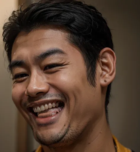 Asian Man laughing showing teeth, black hair, hyper realistic, detail human skin texture, realistic