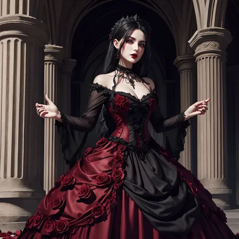 ((master part)), Gothic dress, sangue, Rose petals everywhere, gothic dress, cabelos pretos, red-lips,   brincos de ouro antigo, cabelos pretos, Gothic red dress,