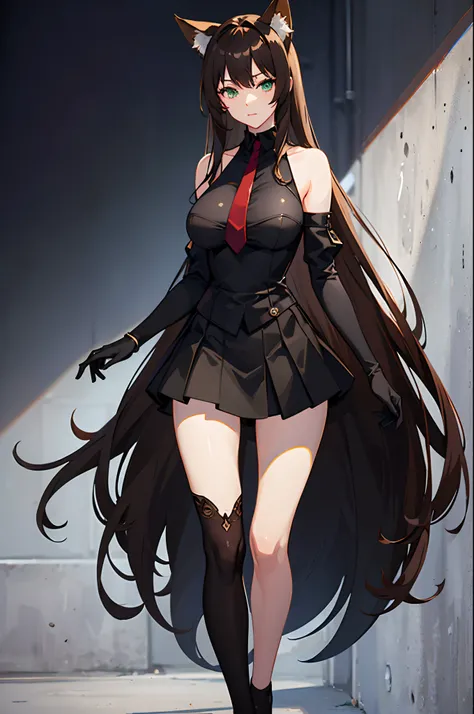 (Masterpiece: 1.5), (Best Quality: 1.5), Perfect Face, 1 Woman, Mature Woman, (Anime), Fox ears, Fox tail, green eyes, dark brown hair, (Highly Detailed), sexy, full body, black skirt, black thigh highs, tie, black long gloves,