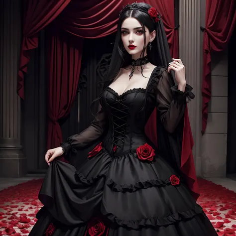 ((master part)), Gothic dress, sangue, Rose petals everywhere, gothic dress, cabelos pretos, red-lips,   brincos de ouro antigo, cabelos pretos, Gothic red dress,