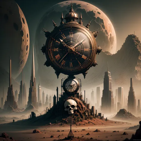 A landmark antique pendulum clock in the city of Mars, Now infused with elements of horror and death. UHR, Futuristic cityscape with red Martian soil as a backdrop, Exudes an eerie aura. It juxtaposes sci-fi architecture, Its intricate design takes on a si...