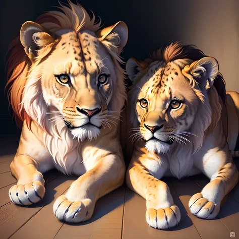 Image of two lion cubs cubs, painting digital adorable, arte digital detalhada bonito, Cute lion, lions, arte digital bonito, arte detalhada bonito, realistic illustration, Cena realista, ultrarealistic illustration, awesome art, arte de pintura digital do...