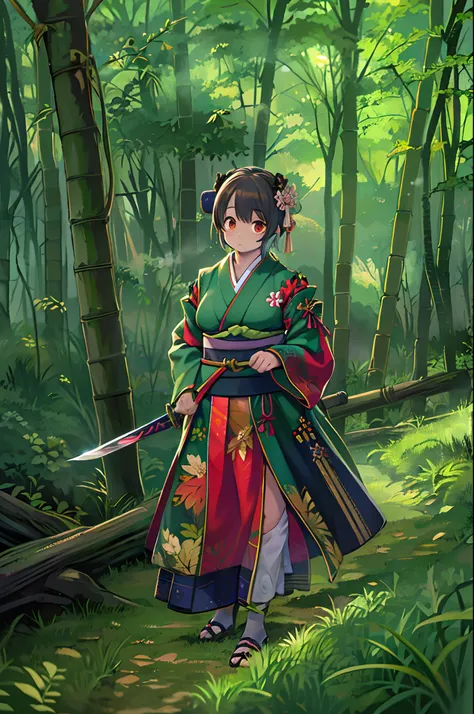 Raw photo of one female samurai, Stand in a combat stance, With a sword pulled out of the sheath in her hand, Ready for Battle, In full samurai attire (Kimono) (Bamboo forest wind), (The wind lifted the leaves), Cut on her shoulder ( high skin detail: 1.2)...