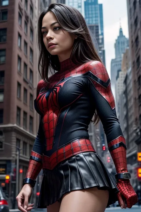 Kristin Kreuk、Sticking out the navel、newyork、She wears a torn Spider-Man suit,wearing skirt、 Red and black color scheme,Dynamic、​masterpiece、top-quality、ultra-detailliert、ighly detailed、beautiful detailed brilliance、超A high resolution