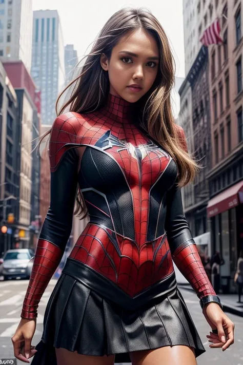 Jessica Alba、Sticking out the navel、newyork、She wears a torn Spider-Man suit,wearing skirt、 Red and black color scheme,Dynamic、​masterpiece、top-quality、ultra-detailliert、ighly detailed、beautiful detailed brilliance、超A high resolution