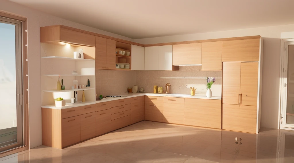 there is a kitchen with a refrigerator, sink, and a window, kitchen, minimal kitchen, render 3 d, 3 d rendering, 3d rendering, 3d render, 3 d render, render vray, 3 drender, 3d product, 2 d render, render in vray, stuning 3 d render, vray render, 3 d vray ...