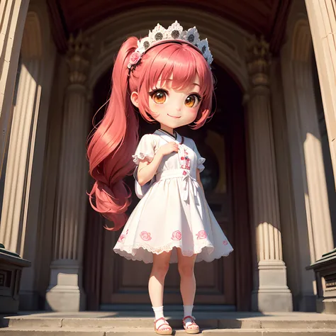 ​masterpiece、top-quality、ultra-detailliert、(Chibi Charas Daughter:1.2)、Japan style rose headdress and red long hair(poneyTail:1.2)、White lace dress、full body Esbian、Open your mouth and smile、Stand at the top of Big Ben in England