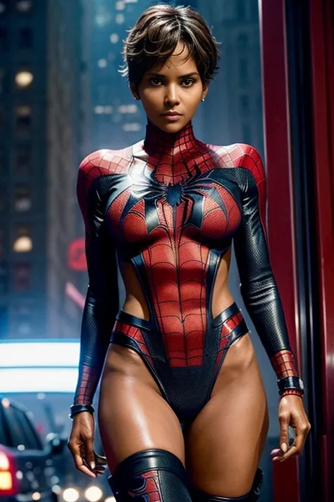 Halle Berry、Sticking out the navel、newyork、She wears a torn Spider-Man suit,wearing skirt、 Red and black color scheme,Dynamic、​masterpiece、top-quality、ultra-detailliert、ighly detailed、beautiful detailed brilliance、超A high resolution