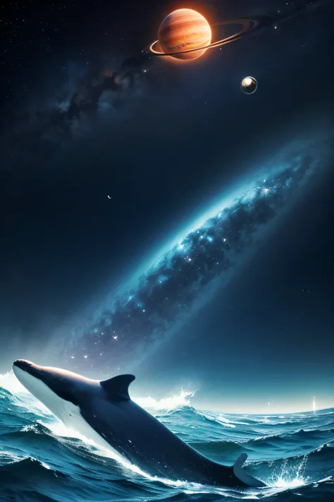 universal ocean, cosmic whale swimms through collors, planets around,ufos flying around