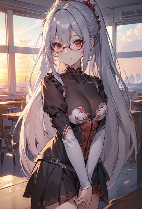 (((Masterpiece))),(((Best quality))),(((Amazing detail))),((illustration)),((A high resolution)),((8K)),((Anatomically correct)),Silver long hair, red eyes, High ponytail,Delicate hair,a matural female,black-frame glasses,Light smile,adjusting eyewear,angl...