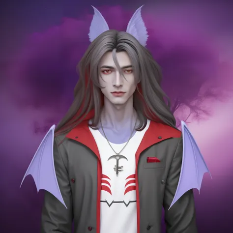 homem adulto de pele completamente roxa, Red Sclera Eyes and Gray Iris,1 Cabelos castanhos compridos, orelhas de morcego, gray and red coat, a white shirt, a key with bat wings hanging around his neck, humanoide Fursona, hybrid human