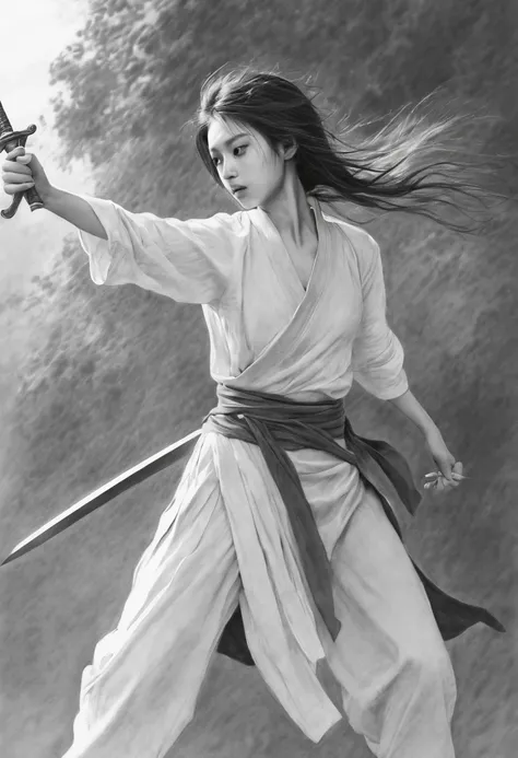 Girl，swordsmen，Ancient wind，Black and white，(character sketch:1.1)，(charcoal drawing:1.2)，Sketch，(pencil drawing:1.3)