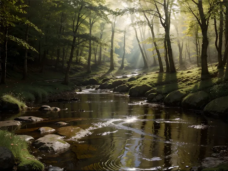 Oil painting. Realistic environment, a little dark and tense. a natural stone path and a small stream flows through large stones into a large puddle in front of us. to the clearing. Deaf, forested area. Lots of details. Pronounced sun rays. Light fog.