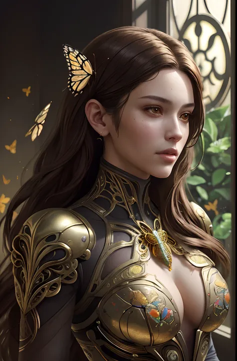 8K portrait of beautiful cyborg with brown hair, Convoluted, Elegant, Highly detailed, An majestic, digital photo, art by artgerm and ruan jia and greg rutkowski surreal painting gold butterfly filigree, Broken glass, (masutepiece, side lights, finely deta...