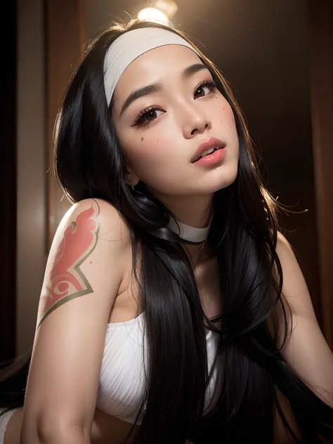 Arafed woman with long black hair and a white headband, Asian face, south east asian with round face, detailed face of a asian girl, an Asian woman, asian nymph bald goddess, Asian girl, basia tran | |, a young asian woman, Asian woman, asian features, Mai...